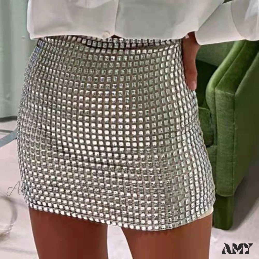 Amy Fashion - Shiny Sequins Chic Bodycon Solid Color Mini Skirt - Image 4
