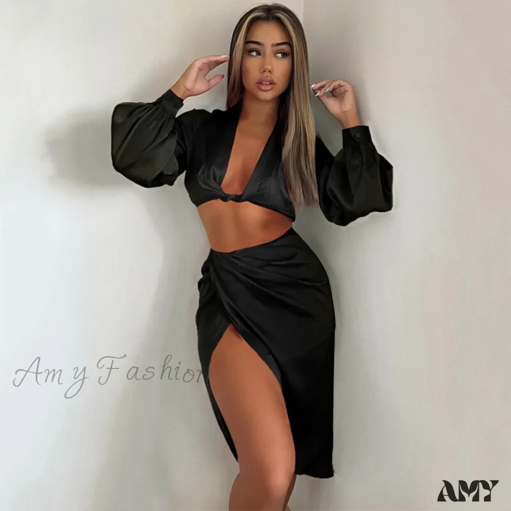 Amy Fashion - Crop Top High Split Long Skirts Two Piece Set - Image 13