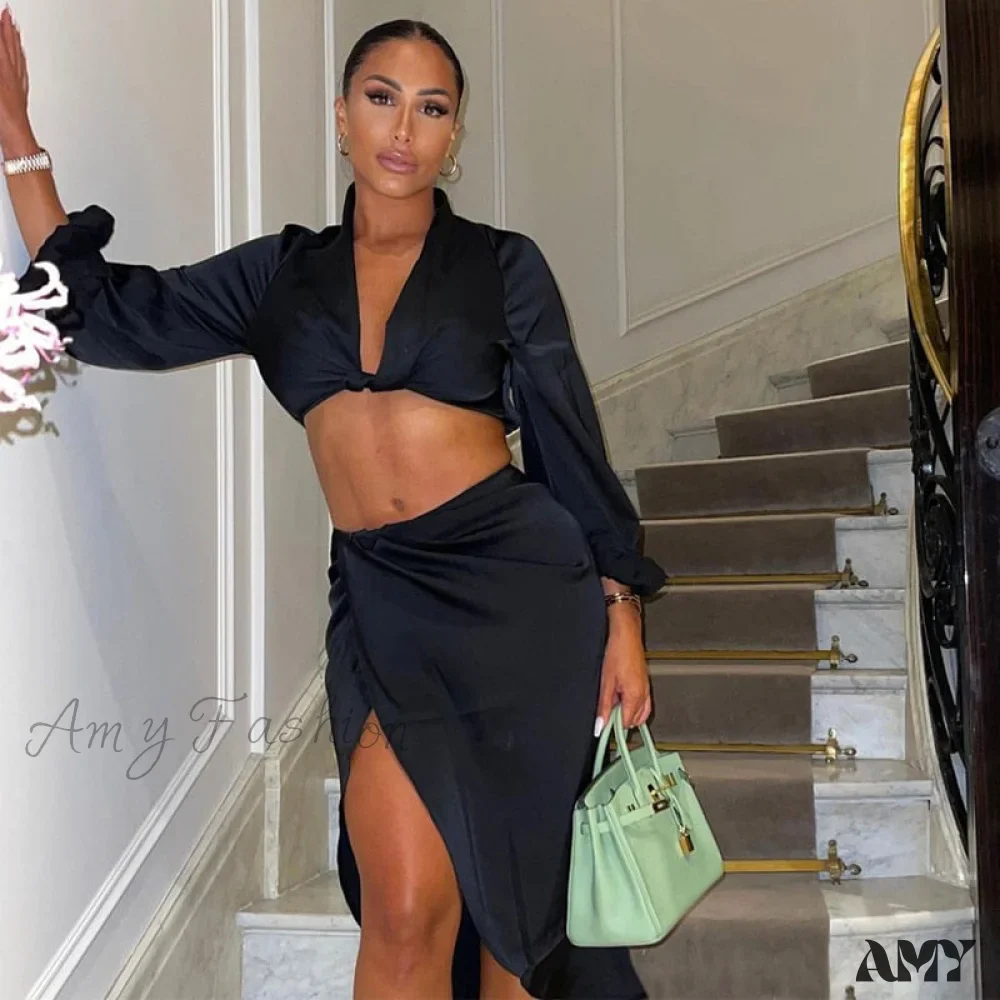 Amy Fashion - Crop Top High Split Long Skirts Two Piece Set - Image 16