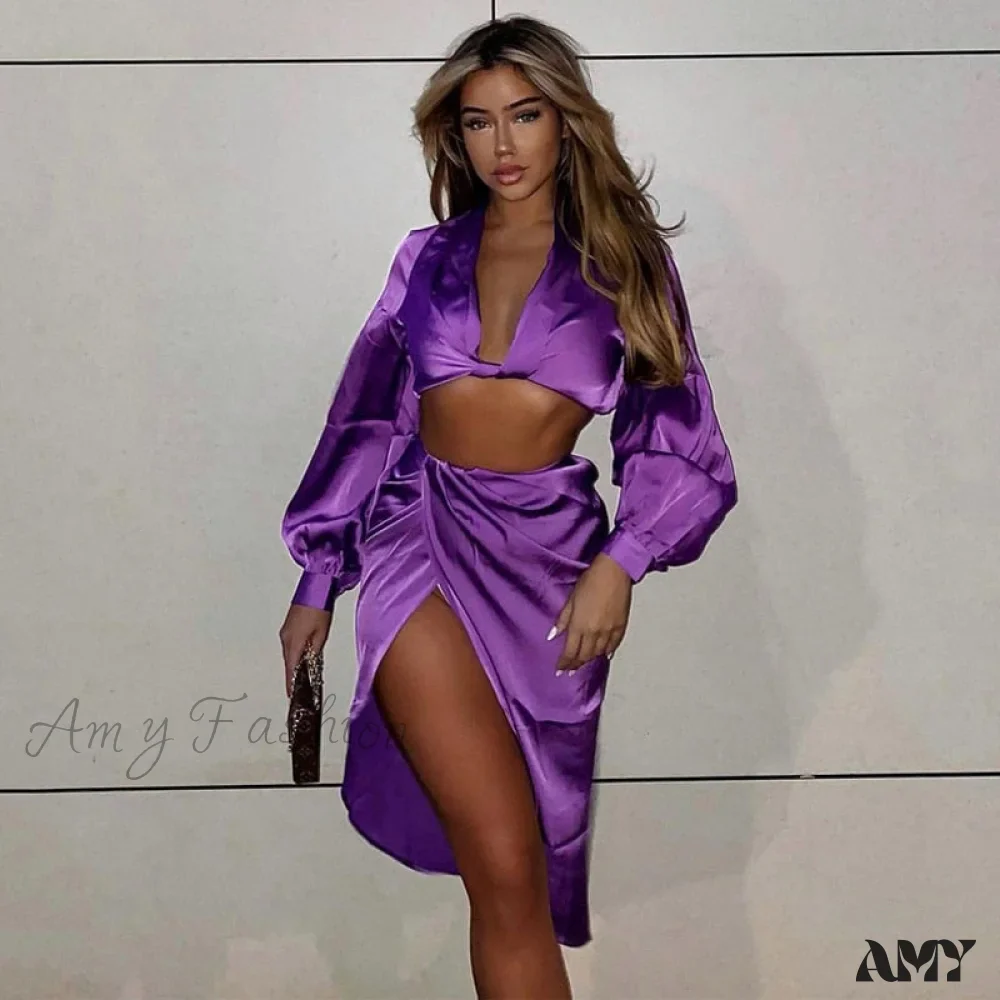 Amy Fashion - Crop Top High Split Long Skirts Two Piece Set - Image 21