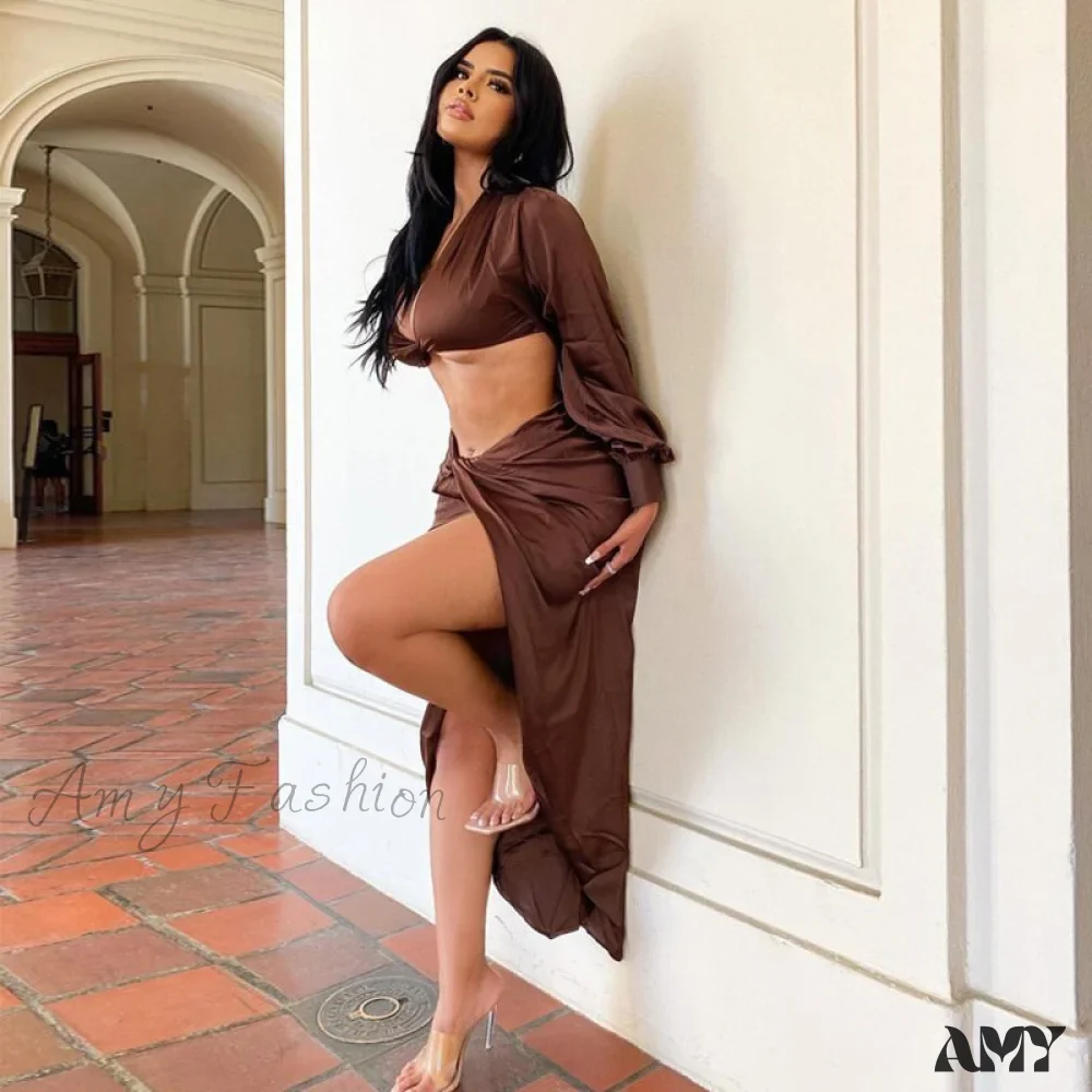 Amy Fashion - Crop Top High Split Long Skirts Two Piece Set - Image 22