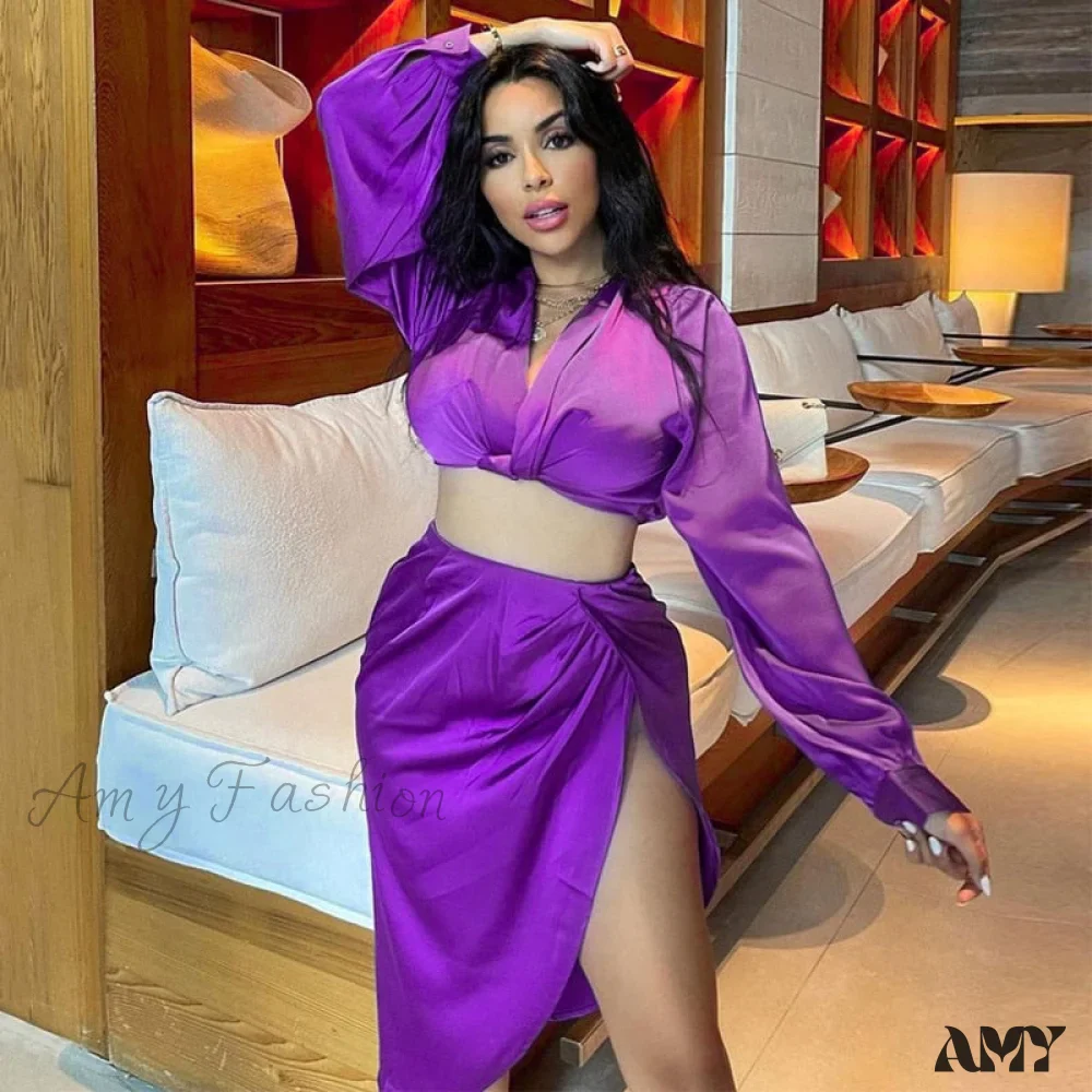 Amy Fashion - Crop Top High Split Long Skirts Two Piece Set - Image 26