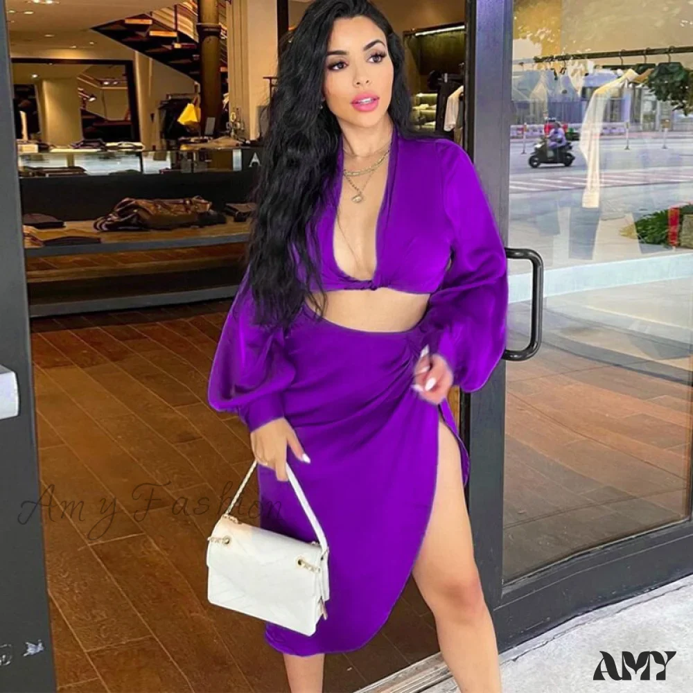 Amy Fashion - Crop Top High Split Long Skirts Two Piece Set - Image 6