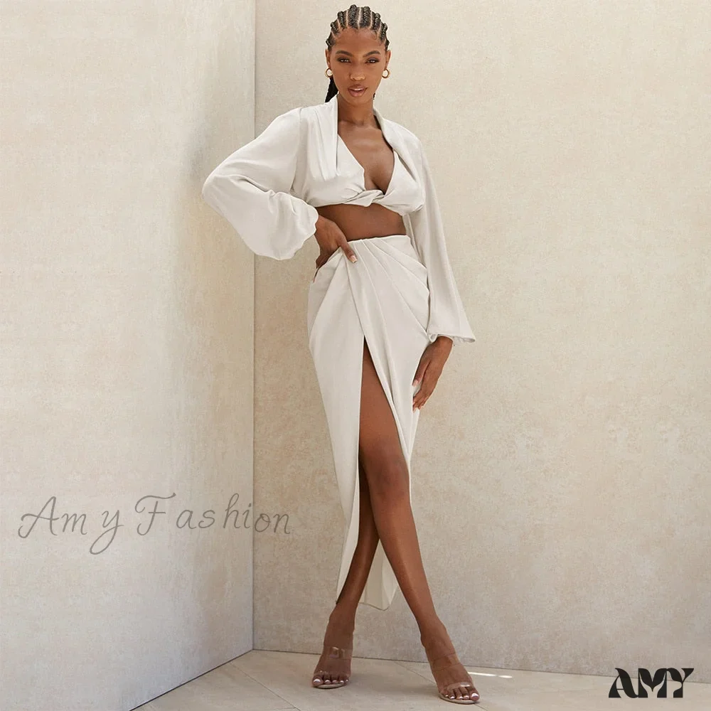 Amy Fashion - Satin High Split Puff Sleeve Women Two Piece Dress - Image 10