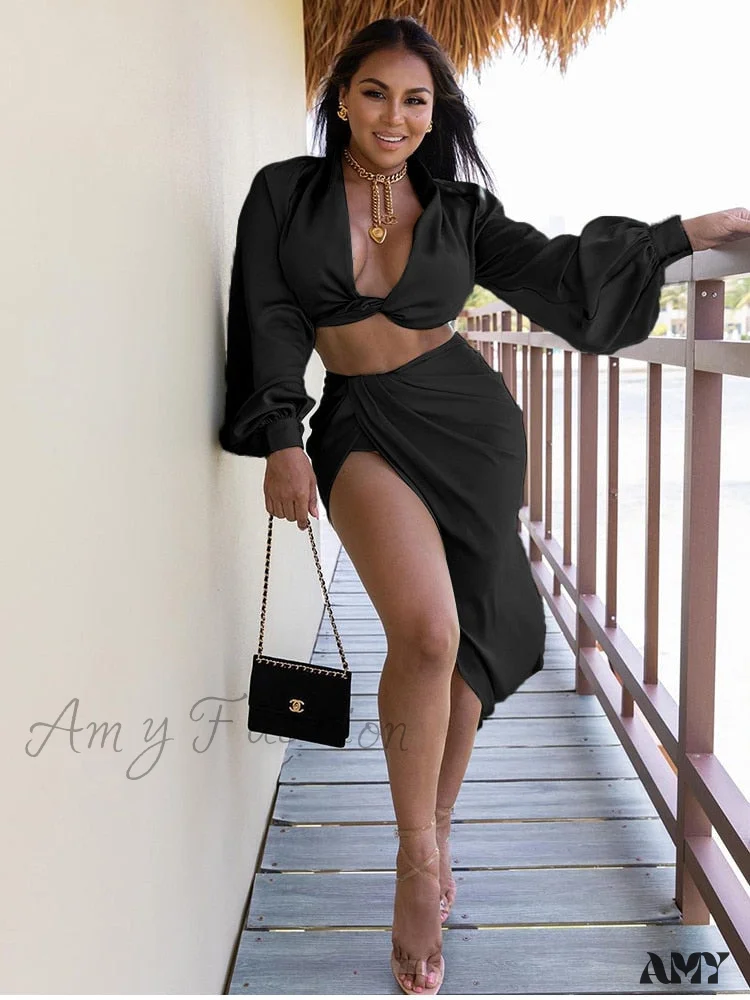 Amy Fashion - Satin High Split Puff Sleeve Women Two Piece Dress - Image 11