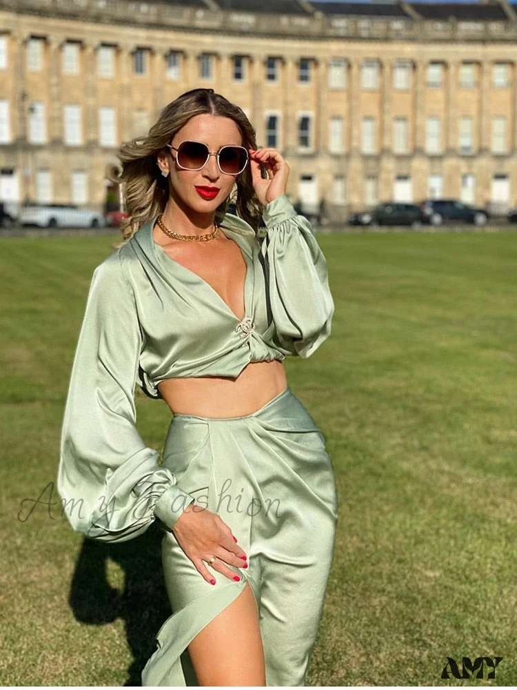 Amy Fashion - Satin High Split Puff Sleeve Women Two Piece Dress - Image 14