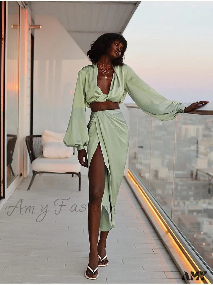 Amy Fashion - Satin High Split Puff Sleeve Women Two Piece Dress - Image 15