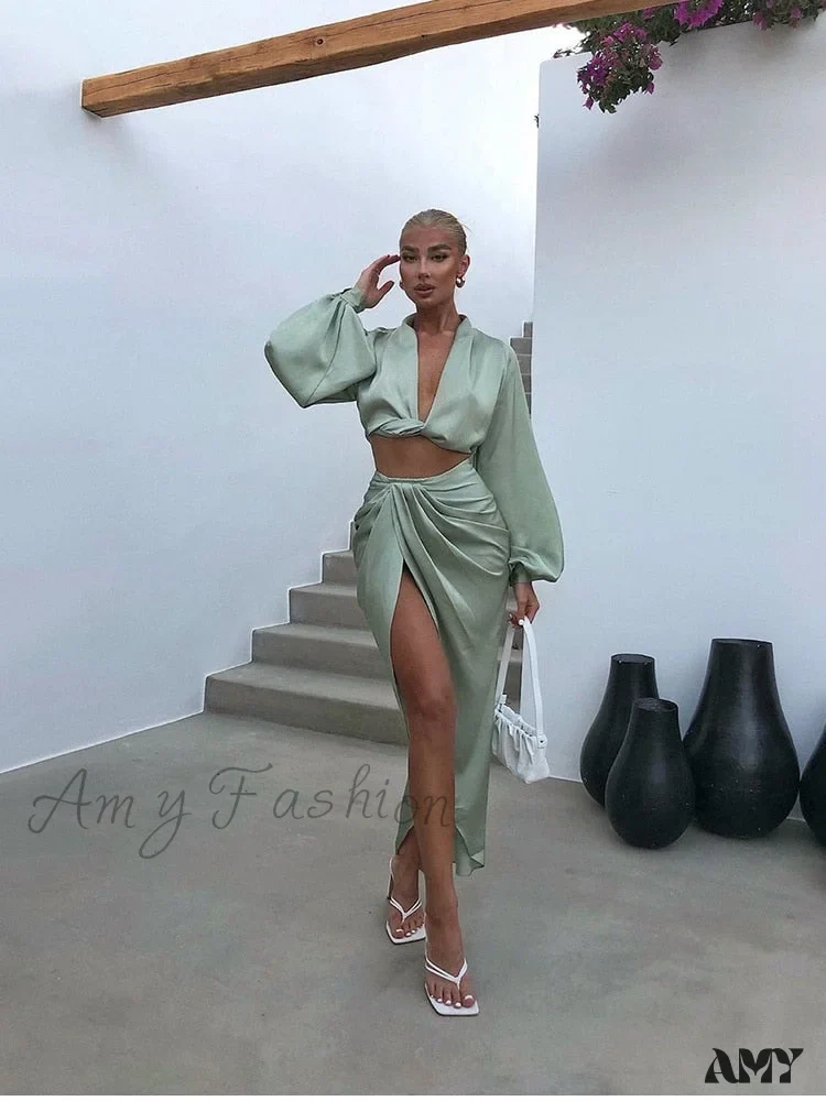 Amy Fashion - Satin High Split Puff Sleeve Women Two Piece Dress - Image 16