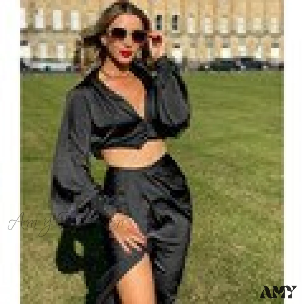 Amy Fashion - Satin High Split Puff Sleeve Women Two Piece Dress - Image 18
