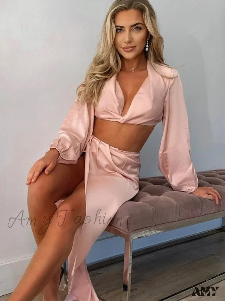 Amy Fashion - Satin High Split Puff Sleeve Women Two Piece Dress - Image 3