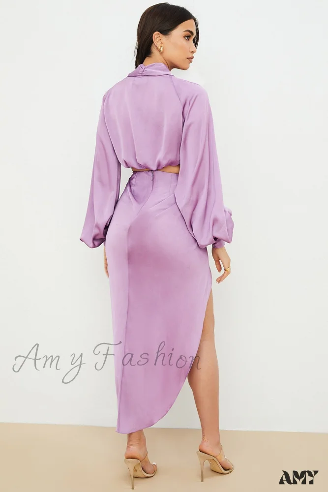 Amy Fashion - Satin High Split Puff Sleeve Women Two Piece Dress - Image 8