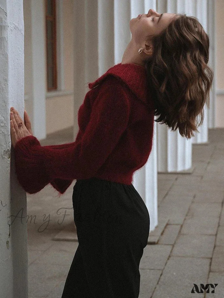 Knit Cardigan Outwear Women's Lapel Long Sleeve Patchwork High Waist Cropped Top Streetwear Stylish Sweater - Image 4