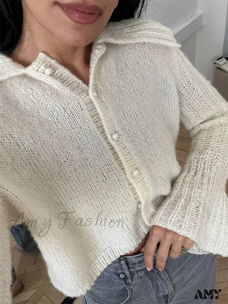 Knit Cardigan Outwear Women's Lapel Long Sleeve Patchwork High Waist Cropped Top Streetwear Stylish Sweater - Image 5