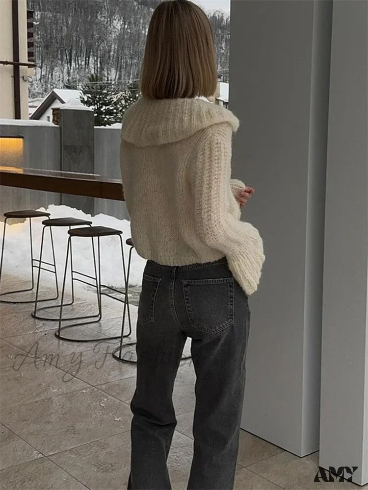 Knit Cardigan Outwear Women's Lapel Long Sleeve Patchwork High Waist Cropped Top Streetwear Stylish Sweater - Image 6