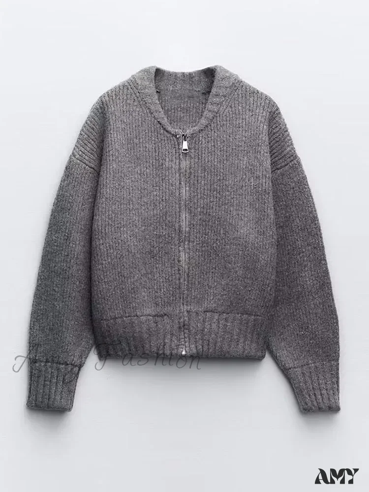 Knit Grey Zipper O-neck Long Sleeve Autumn Winter High Street Sweater - Image 2