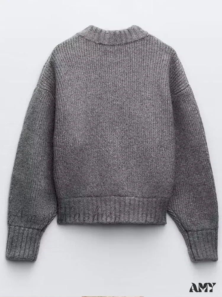 Knit Grey Zipper O-neck Long Sleeve Autumn Winter High Street Sweater - Image 3