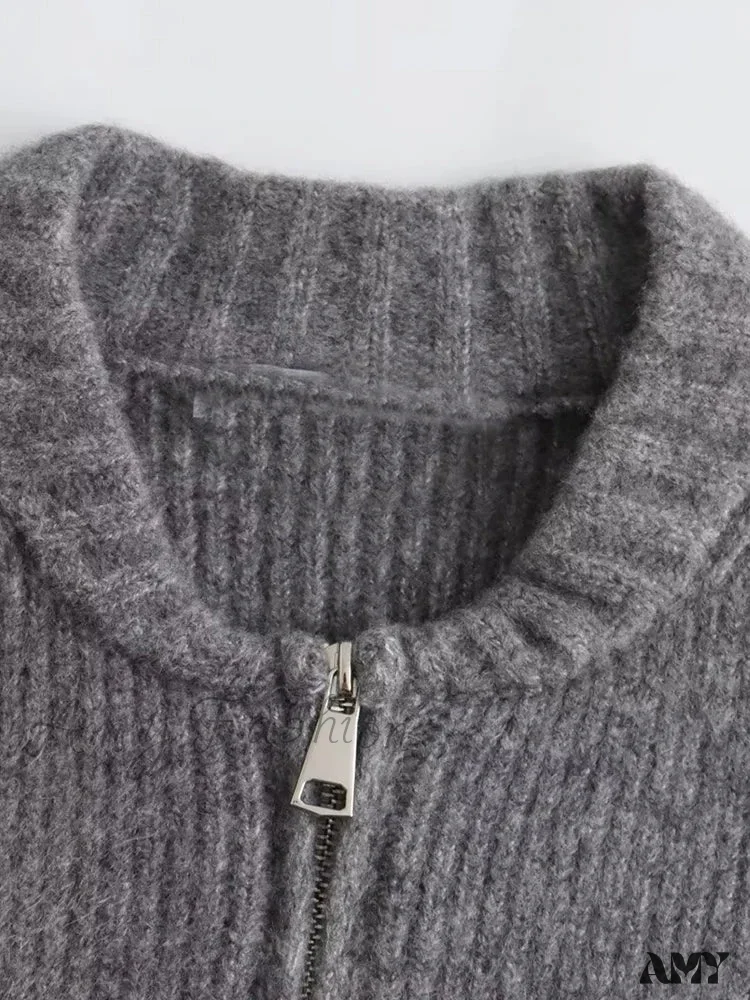 Knit Grey Zipper O-neck Long Sleeve Autumn Winter High Street Sweater - Image 4
