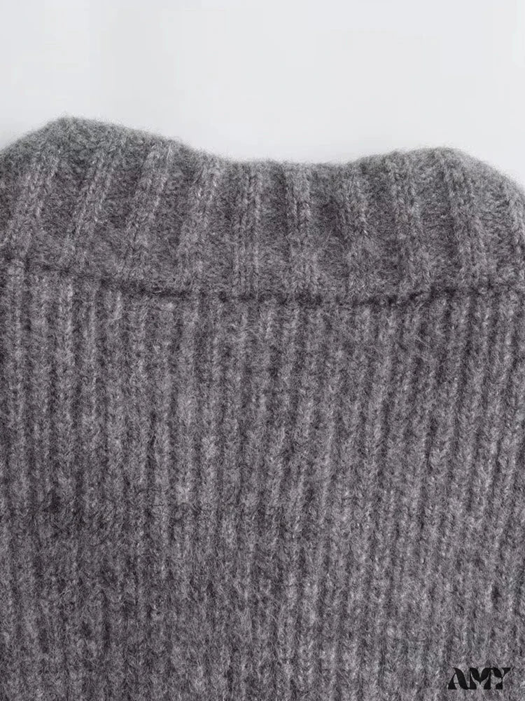 Knit Grey Zipper O-neck Long Sleeve Autumn Winter High Street Sweater - Image 5