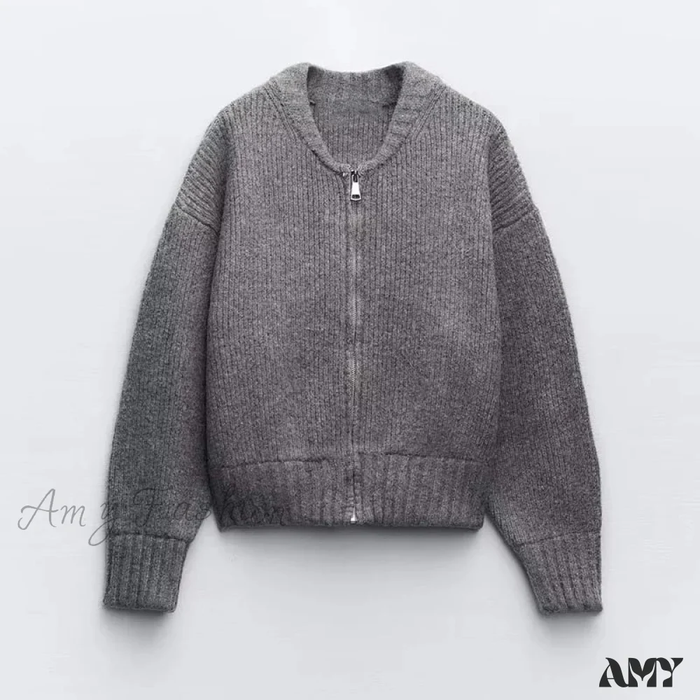 Knit Grey Zipper O-neck Long Sleeve Autumn Winter High Street Sweater - Image 6