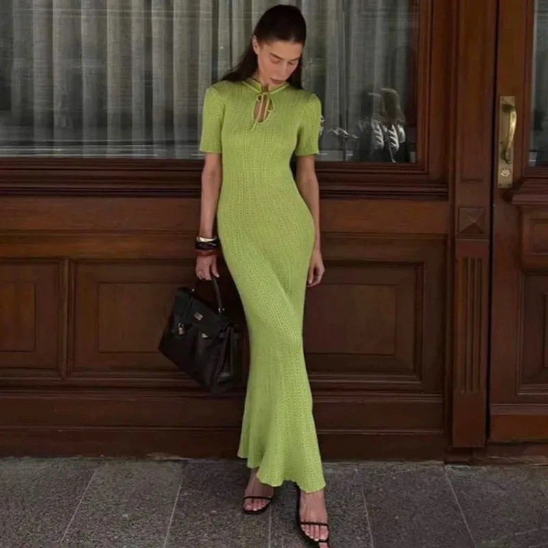 Knit Hollow Short Sleeve Midi Dress - Image 2