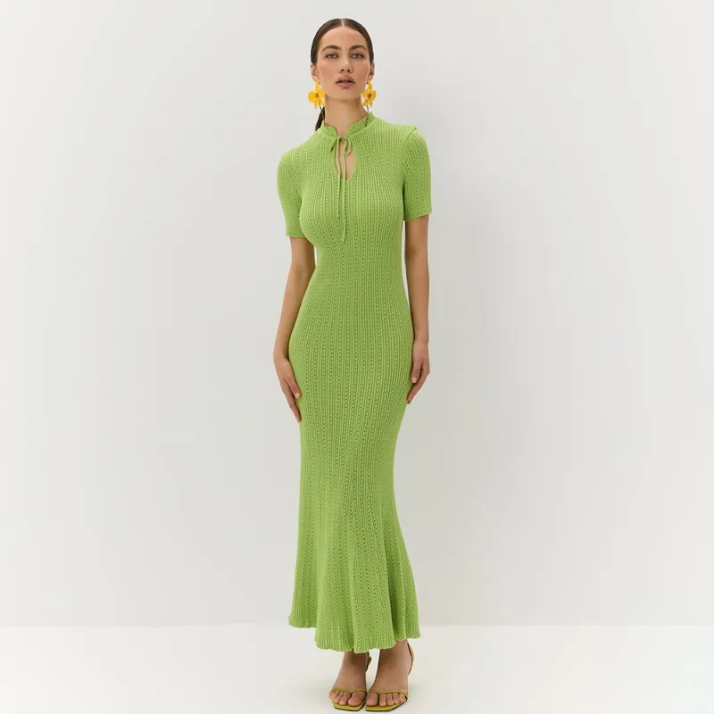 Knit Hollow Short Sleeve Midi Dress - Image 4