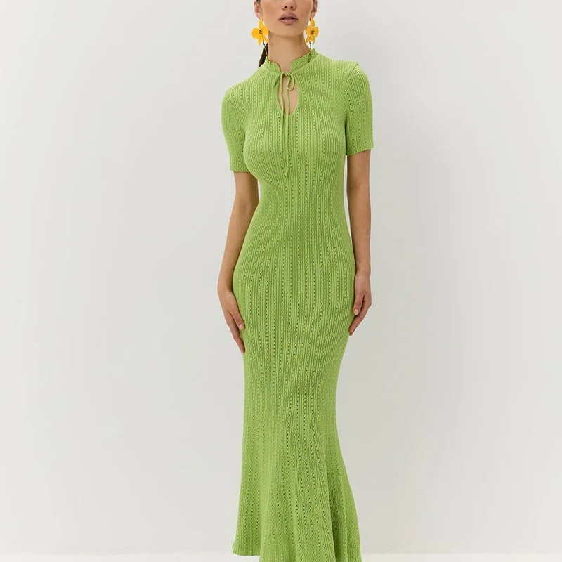 Knit Hollow Short Sleeve Midi Dress - Image 6