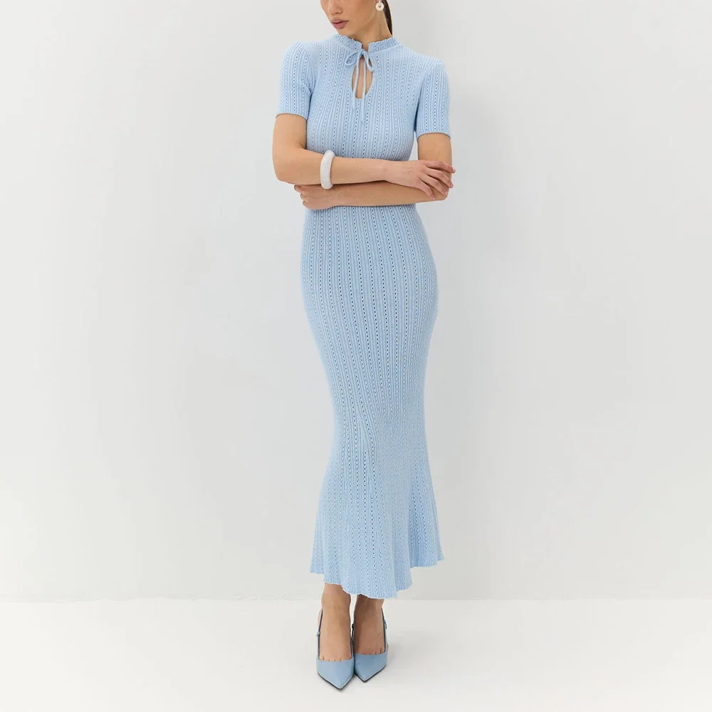 Knit Hollow Short Sleeve Midi Dress - Image 7