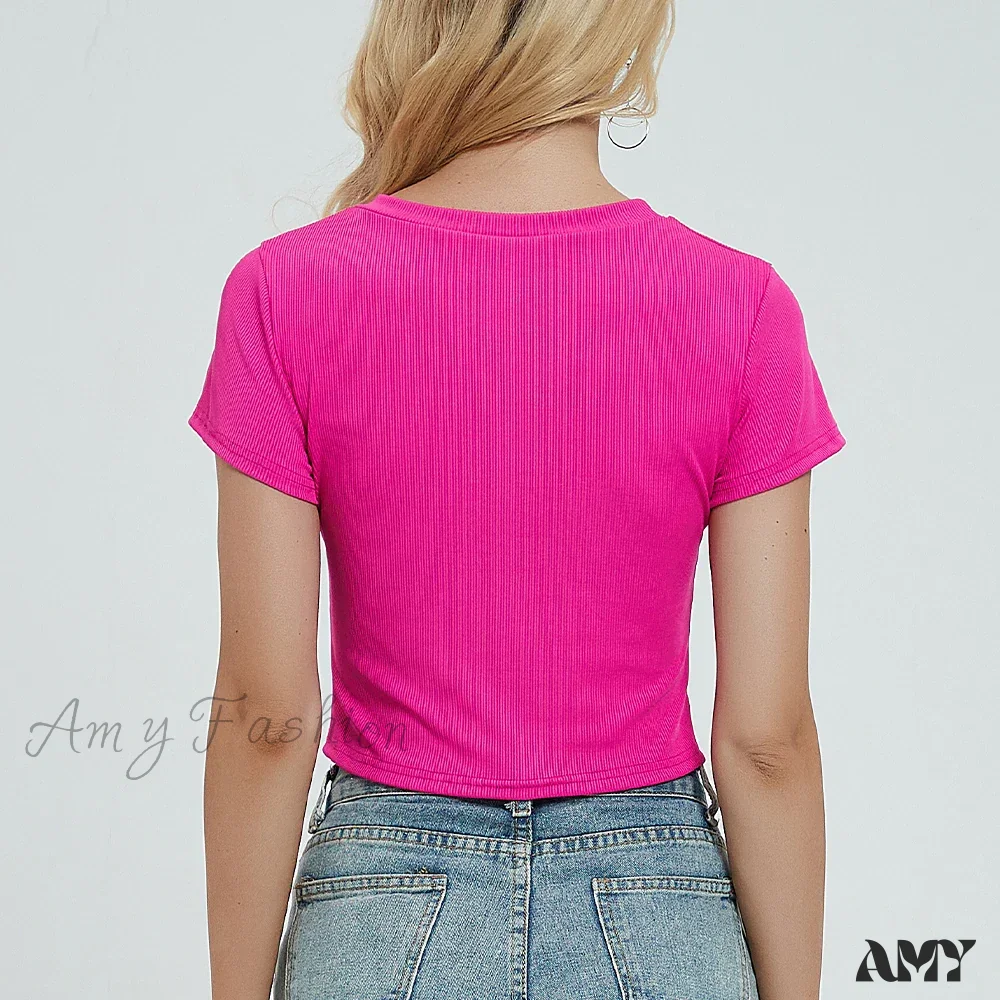 Knit New Short Sleeve O Neck Summer Casual Ribbed Basic Sexy Streetwear Crop Top - Image 2