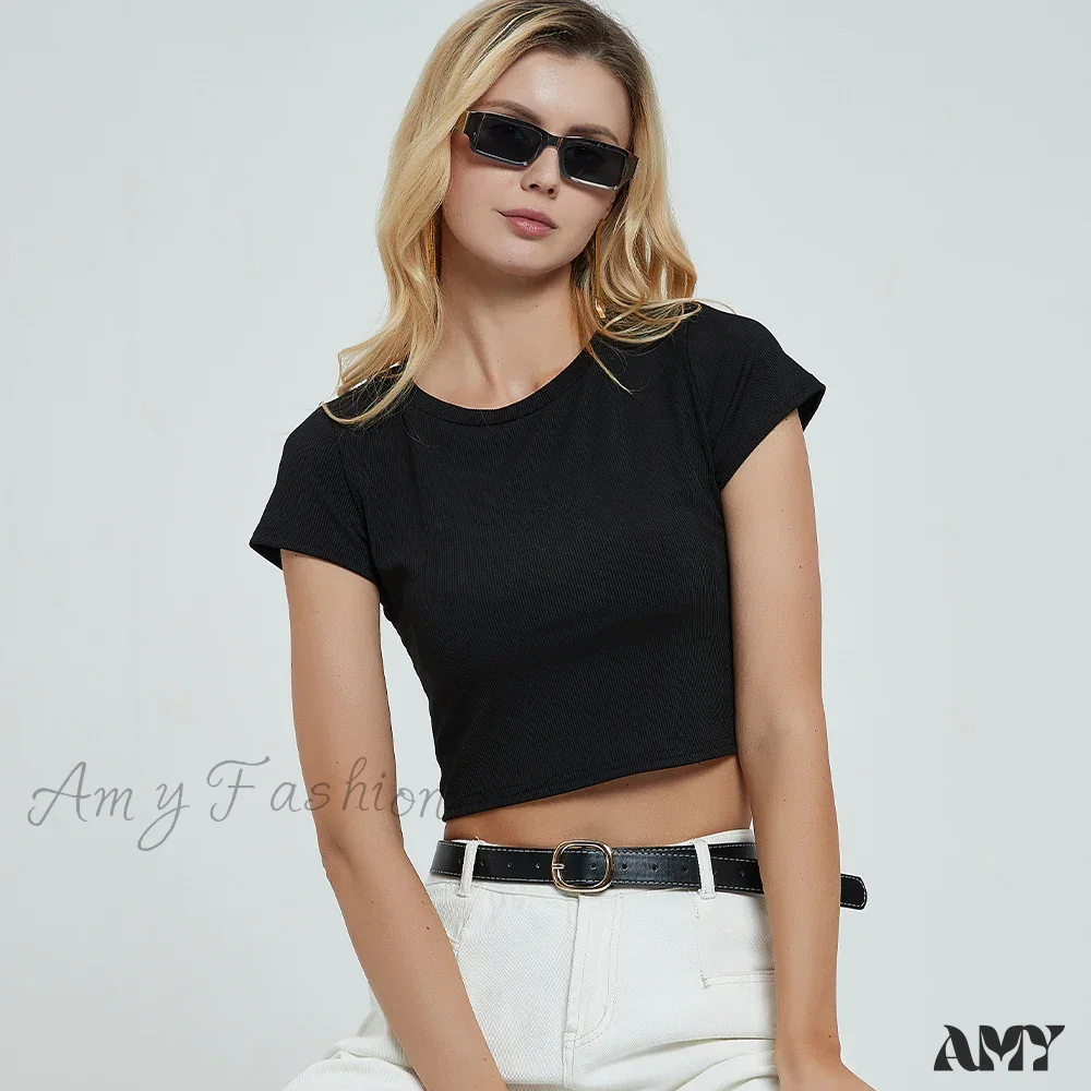 Knit New Short Sleeve O Neck Summer Casual Ribbed Basic Sexy Streetwear Crop Top - Image 3