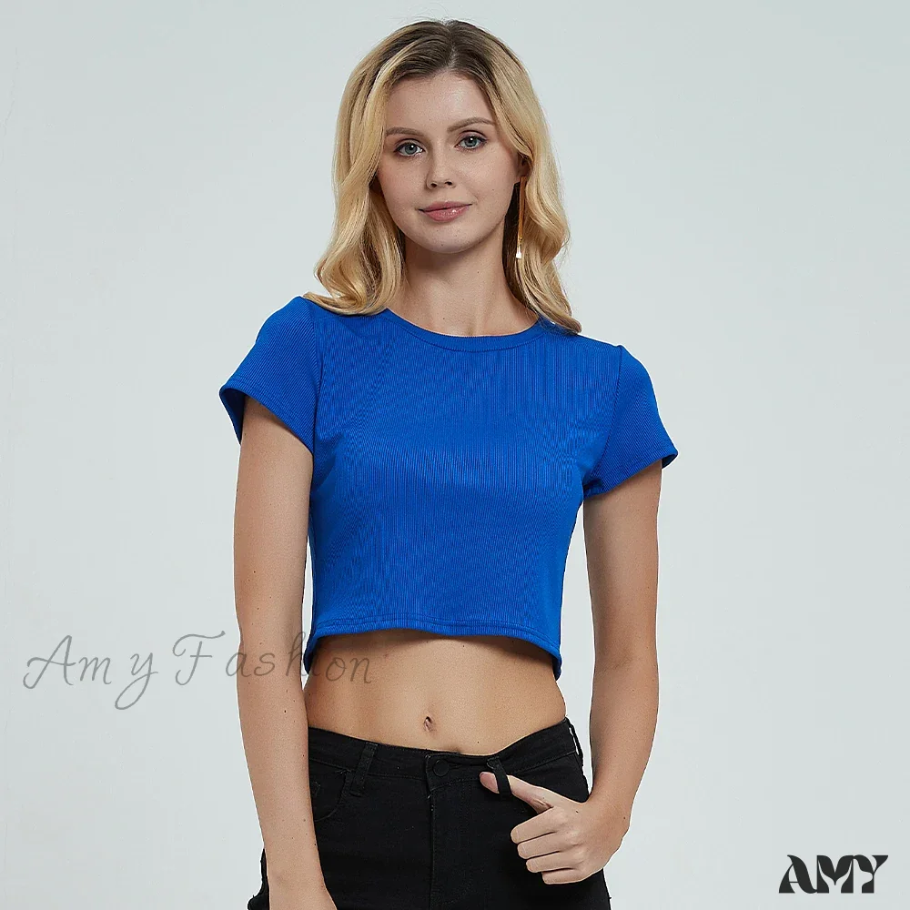 Knit New Short Sleeve O Neck Summer Casual Ribbed Basic Sexy Streetwear Crop Top - Image 6