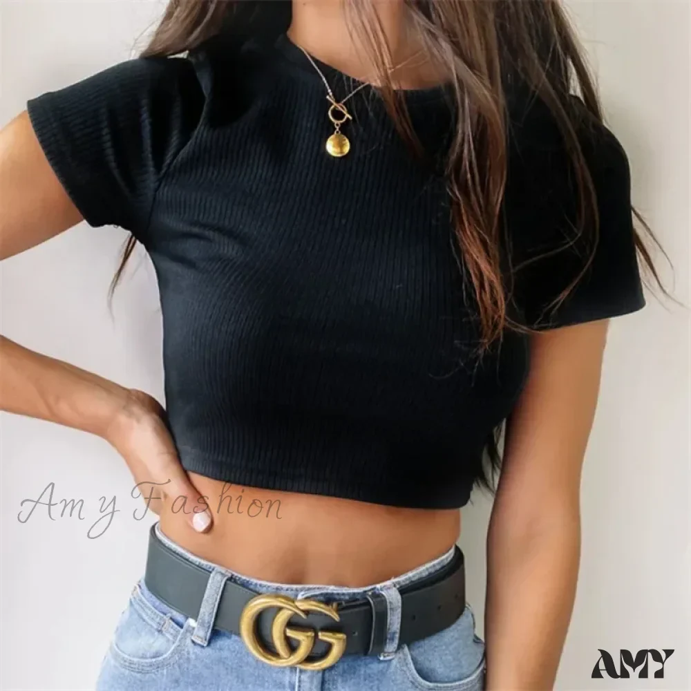 Knit New Short Sleeve O Neck Summer Casual Ribbed Basic Sexy Streetwear Crop Top - Image 7