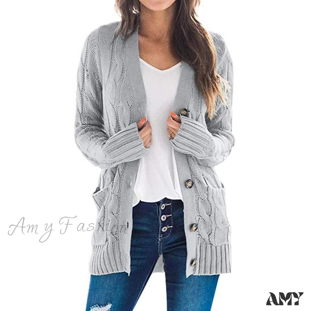 Amy Fashion - Women Knitted Cardigan Pockets Button Sweater Coat - Image 10
