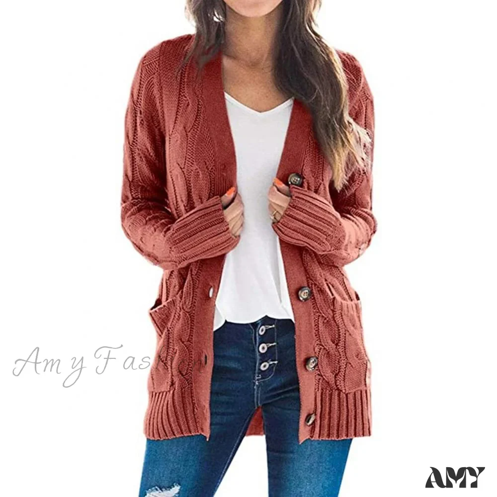 Amy Fashion - Women Knitted Cardigan Pockets Button Sweater Coat - Image 3