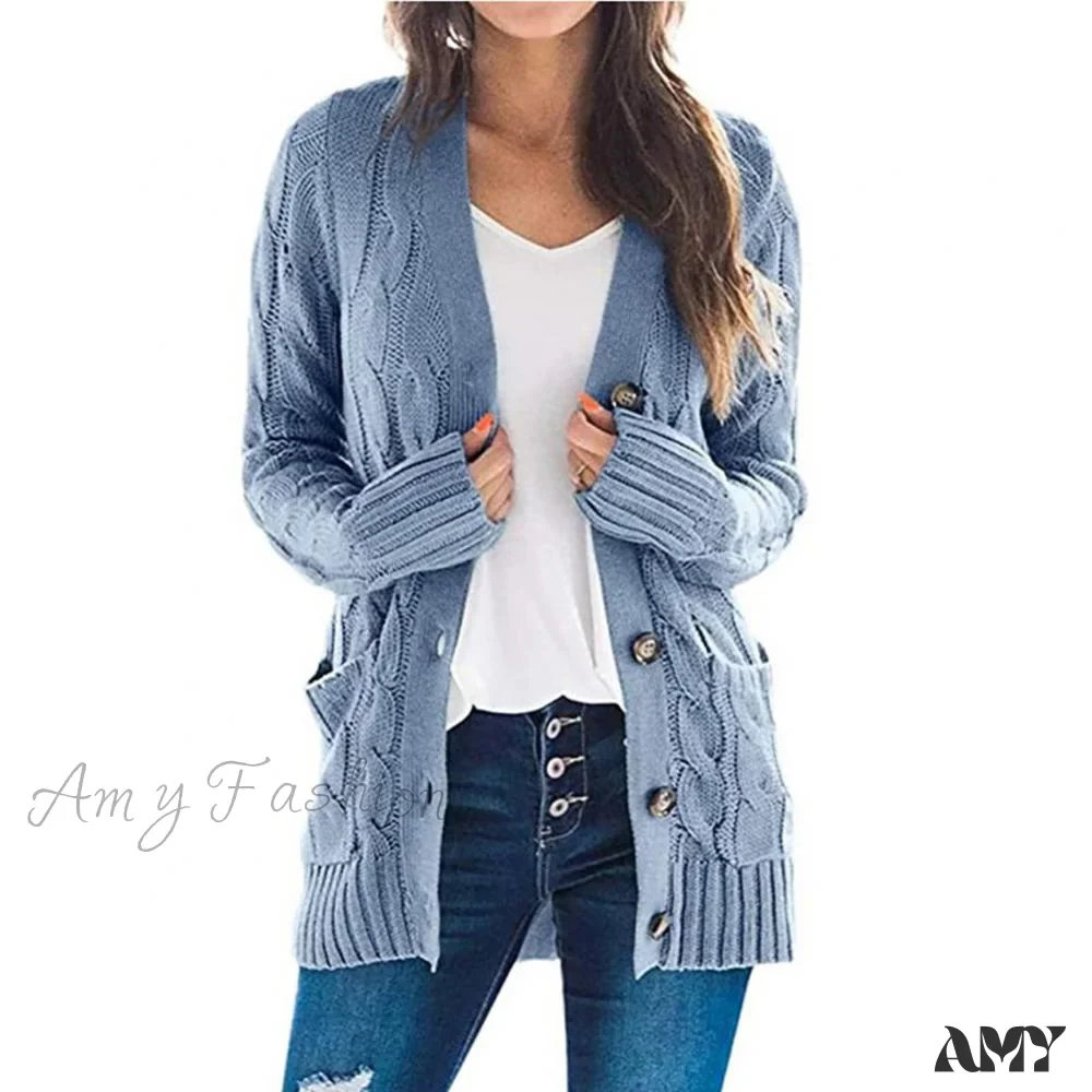 Amy Fashion - Women Knitted Cardigan Pockets Button Sweater Coat - Image 4