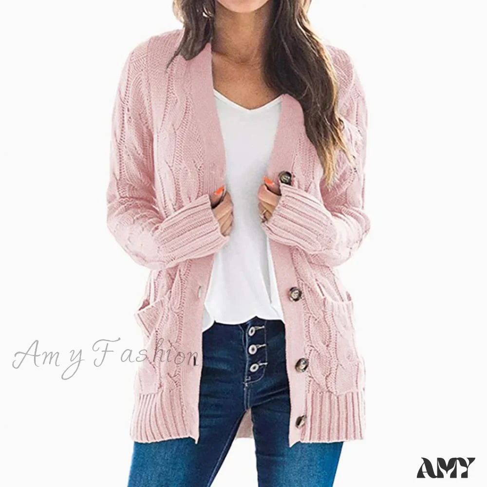 Amy Fashion - Women Knitted Cardigan Pockets Button Sweater Coat - Image 5