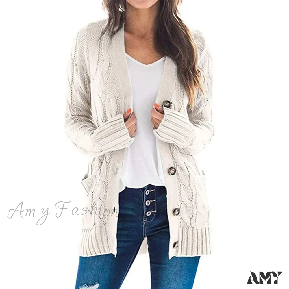 Amy Fashion - Women Knitted Cardigan Pockets Button Sweater Coat - Image 6