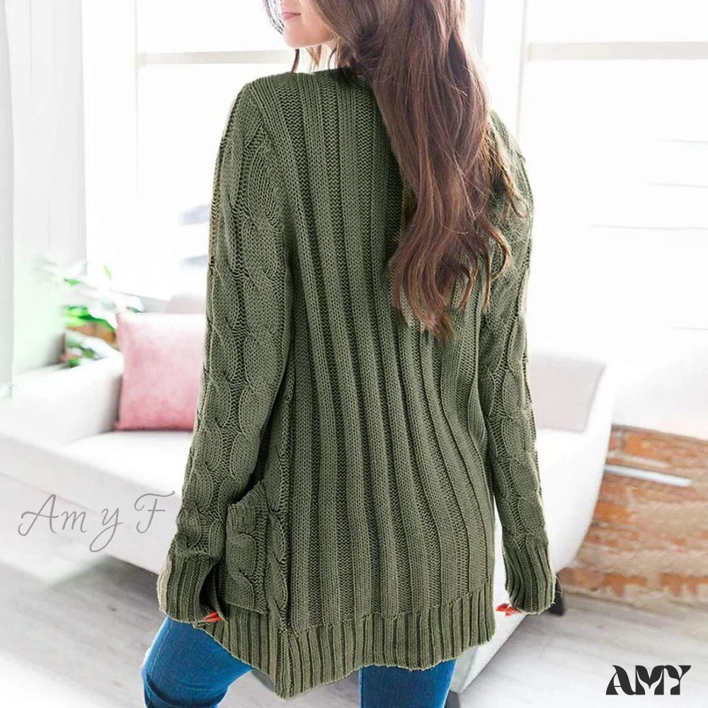 Amy Fashion - Women Knitted Cardigan Pockets Button Sweater Coat - Image 7