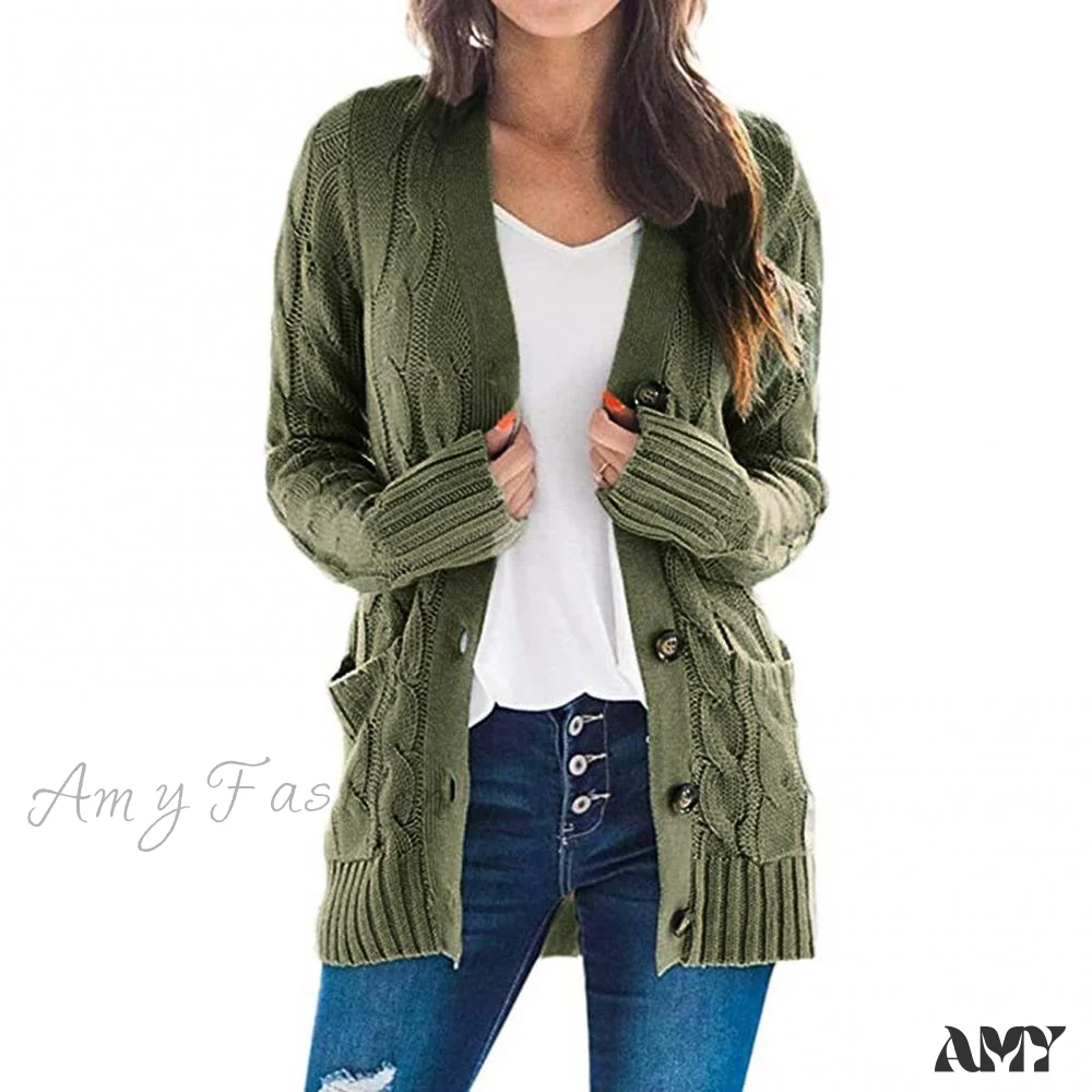 Amy Fashion - Women Knitted Cardigan Pockets Button Sweater Coat - Image 8
