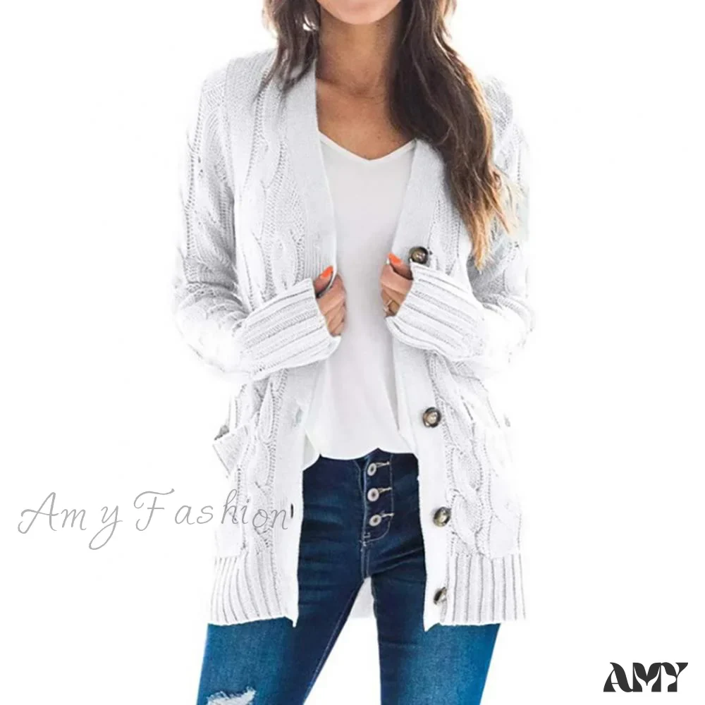 Amy Fashion - Women Knitted Cardigan Pockets Button Sweater Coat - Image 9