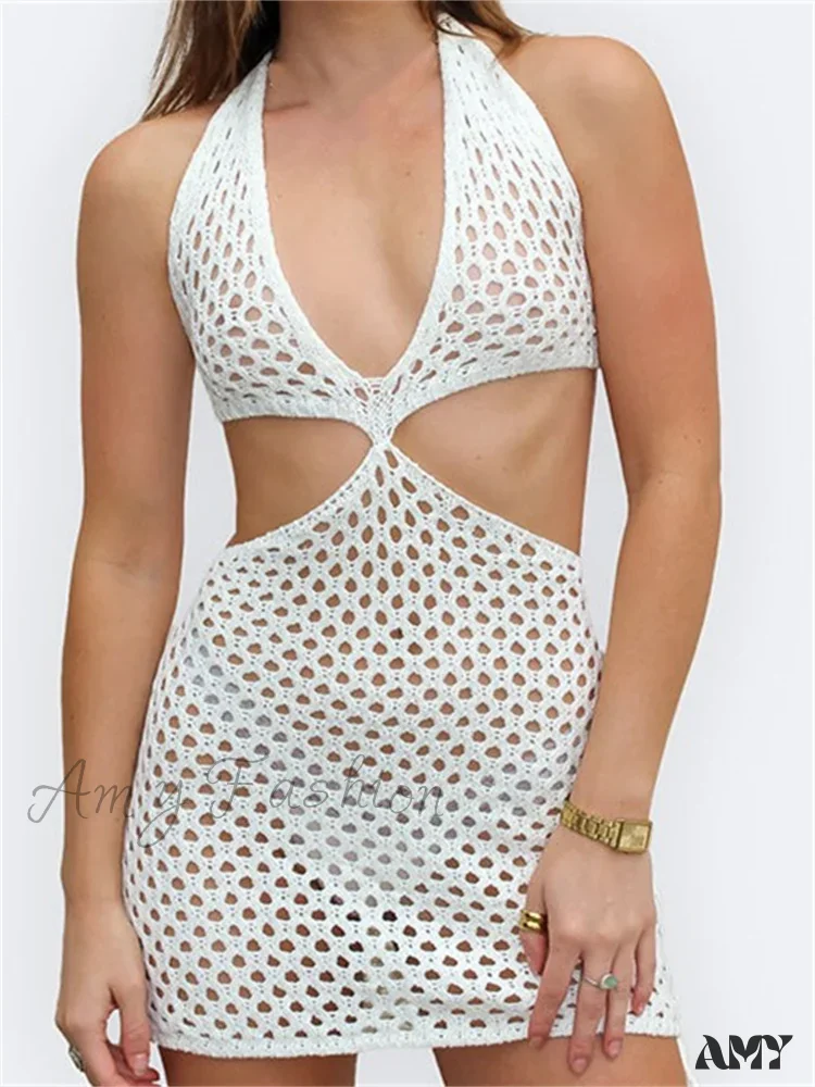 Amy Fashion - Knitted Halter Hollow Out Summer Sexy Lace Up Mini Dress - Image 4