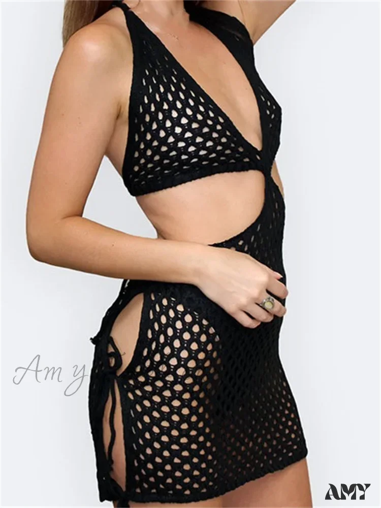 Amy Fashion - Knitted Halter Hollow Out Summer Sexy Lace Up Mini Dress - Image 5