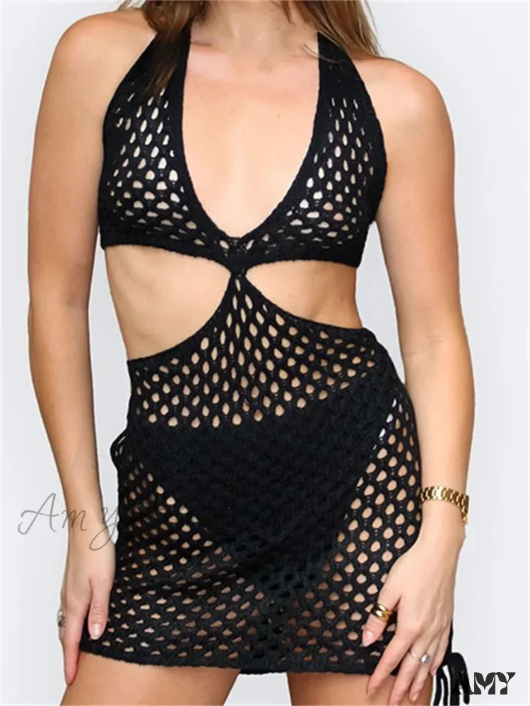 Amy Fashion - Knitted Halter Hollow Out Summer Sexy Lace Up Mini Dress - Image 7