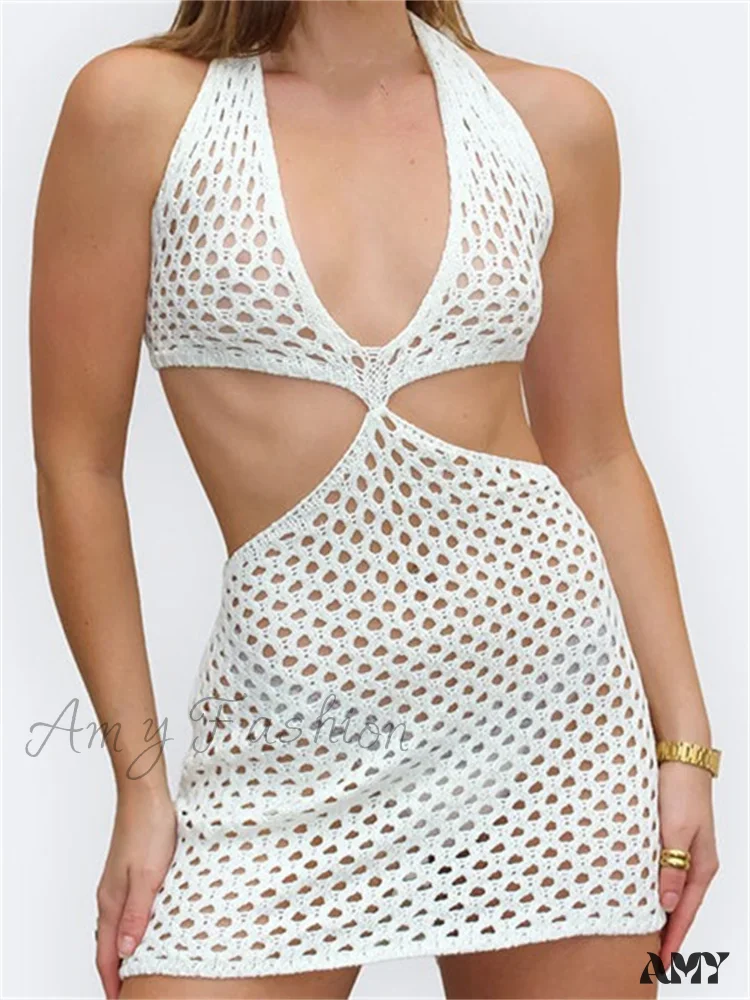 Amy Fashion - Knitted Halter Hollow Out Summer Sexy Lace Up Mini Dress - Image 8