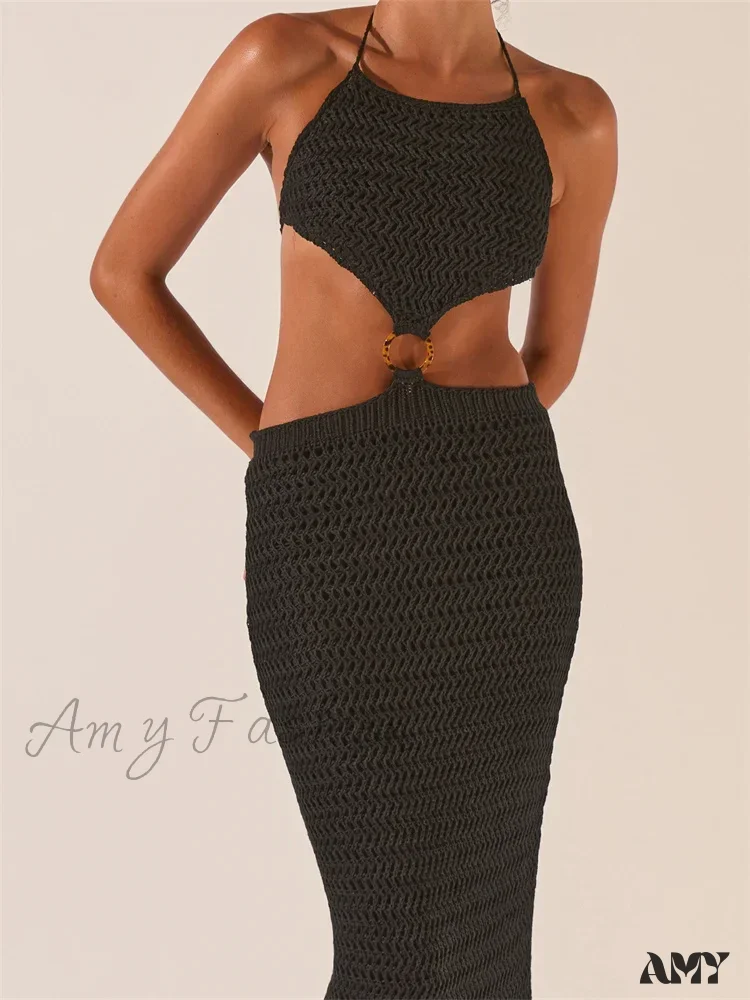 Amy Fashion - Knitted Halter Tie-up Backless  Beach Clubwear Women Off Shoulder Hollow Out Slim High Waist Vestidos - Image 2