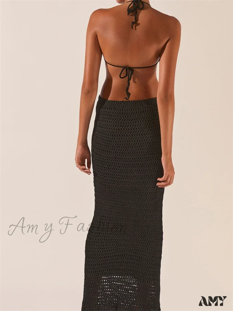 Amy Fashion - Knitted Halter Tie-up Backless  Beach Clubwear Women Off Shoulder Hollow Out Slim High Waist Vestidos - Image 3