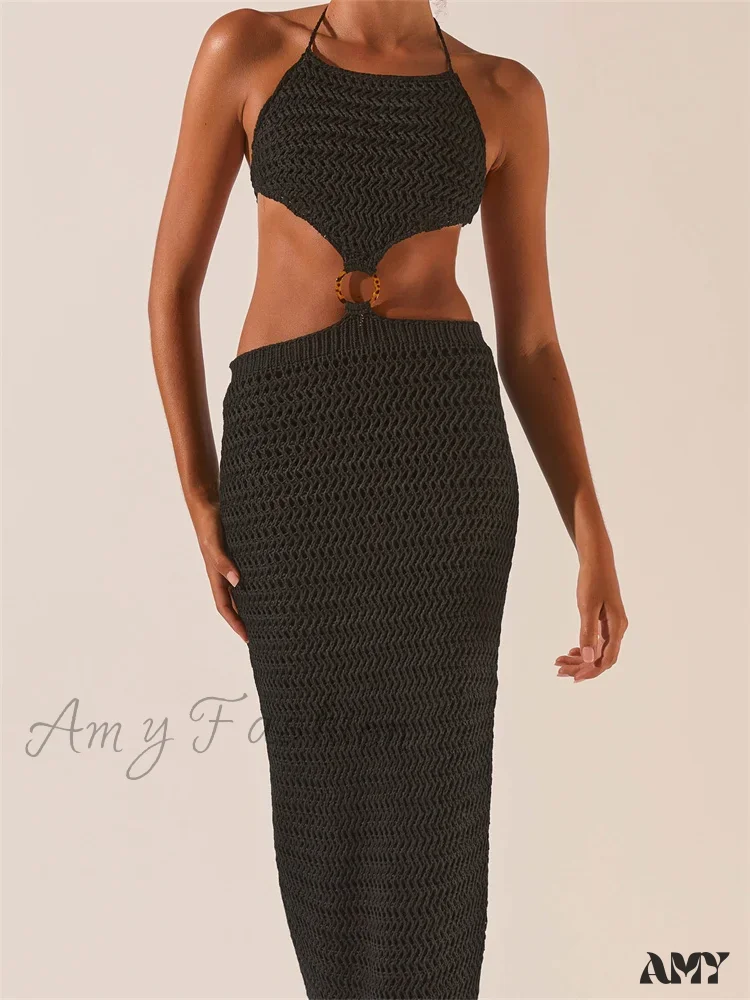 Amy Fashion - Knitted Halter Tie-up Backless  Beach Clubwear Women Off Shoulder Hollow Out Slim High Waist Vestidos - Image 4