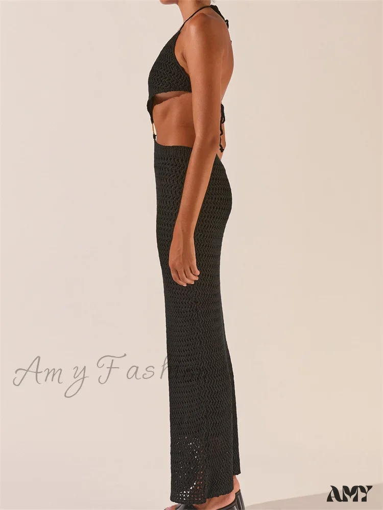 Amy Fashion - Knitted Halter Tie-up Backless  Beach Clubwear Women Off Shoulder Hollow Out Slim High Waist Vestidos - Image 5