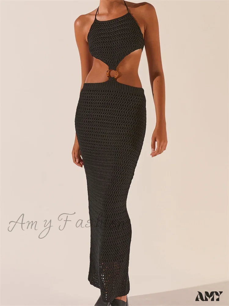 Amy Fashion - Knitted Halter Tie-up Backless  Beach Clubwear Women Off Shoulder Hollow Out Slim High Waist Vestidos - Image 6