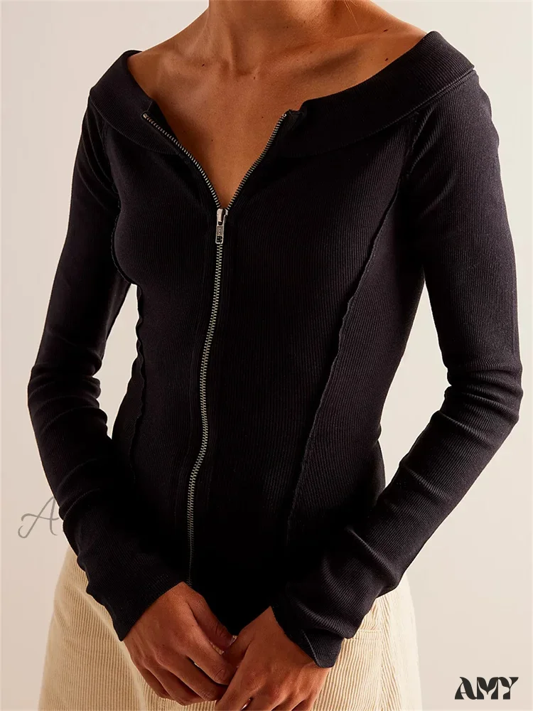 Amy Fashion - Knitted Patchwork Solid Color Long Sleeve Double Zip Up T-shirts - Image 2