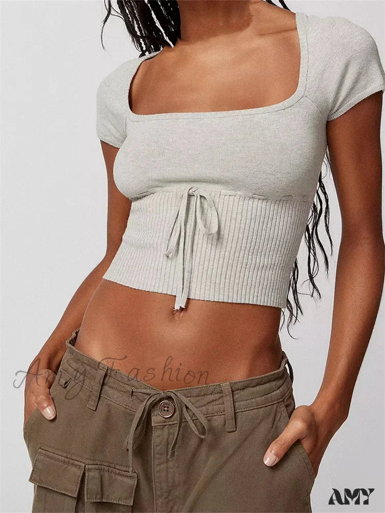 Amy Fashion - Knitted Ribbed Solid Color Short Sleeve Square Neck Drawstring T-shirts - Image 2